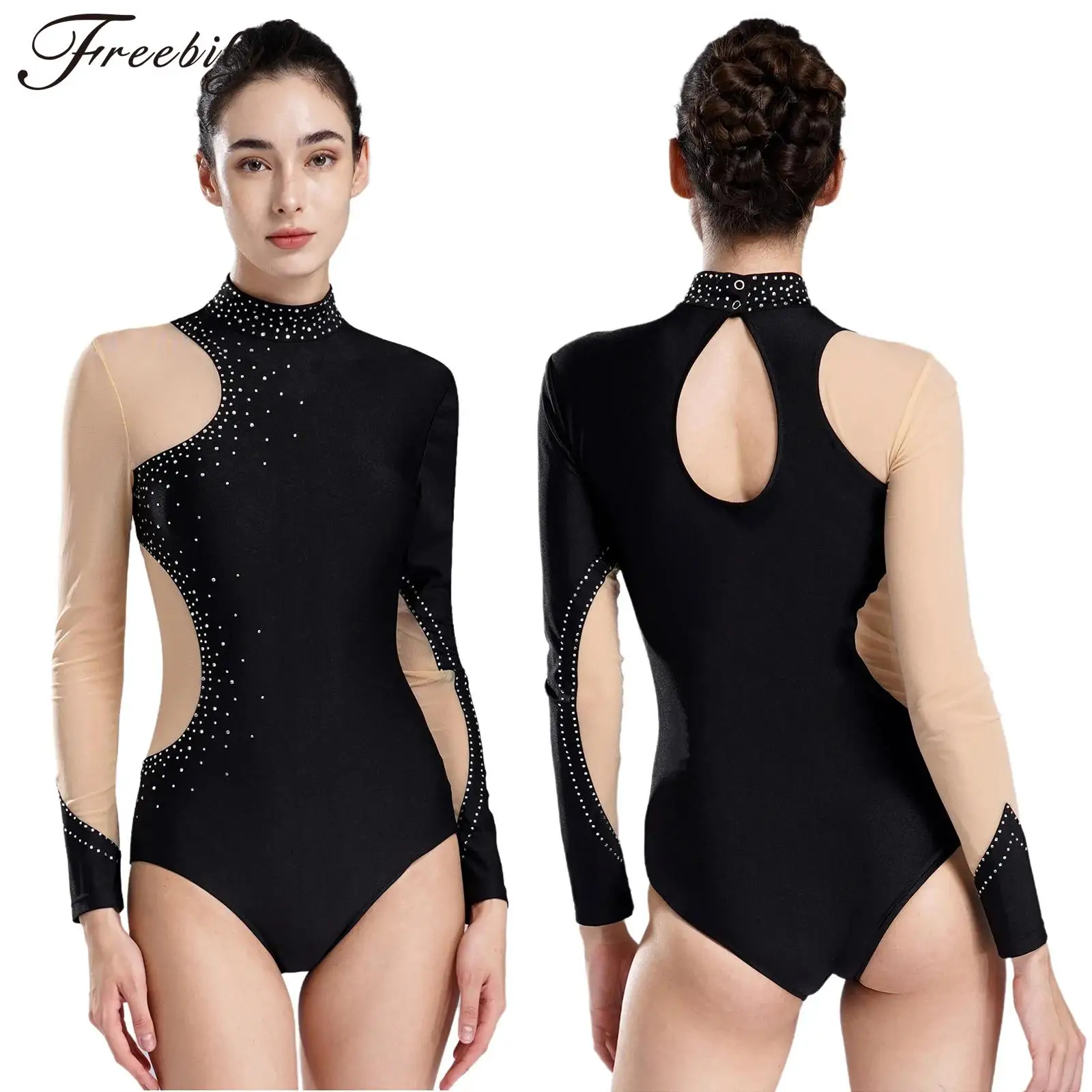 

Women Figure Skating Bodysuit Ballet Dance Gymnastics Acrobatics Leotard Long Sleeve Rhinestones Sheer Mesh Catsuit Dancewear