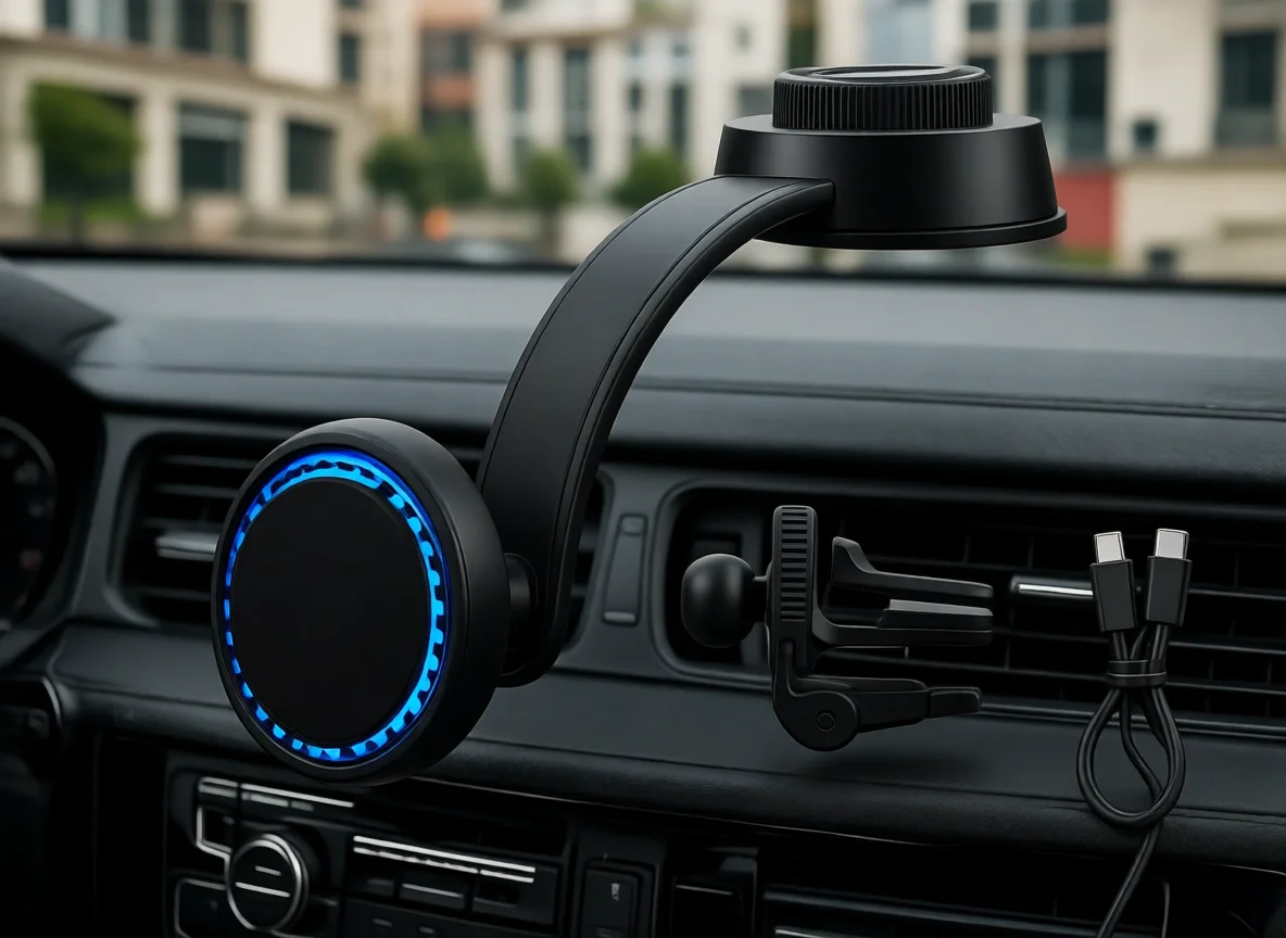 

Wireless Magnetic Car Charger 15W with Cooling Fan Ambient Light 4ft USB C Cable Universal Phone Mount