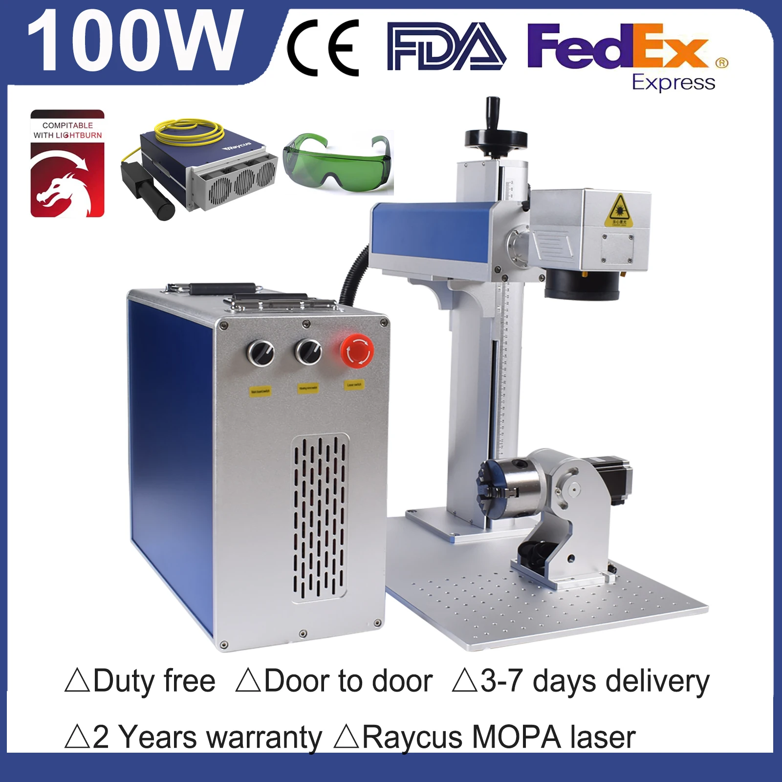 Raycus MOPA 100W Fiber Laser Marking Machine deep engraving Laser engrave for Metal Logo with Rotary Axis