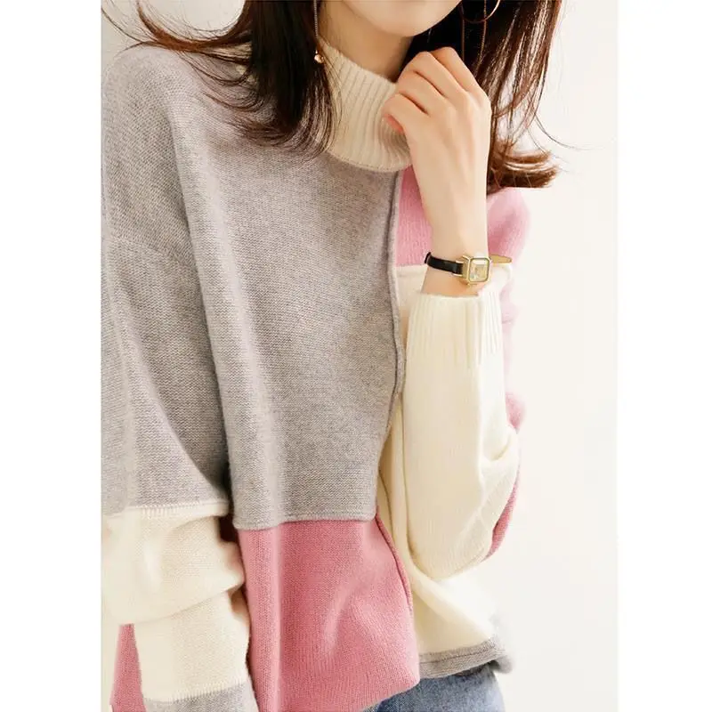 Autumn Winter Women Korean Contrast Color Half High Collar Knitted Sweater Casual Streetwear Long Sleeve Loose Tops Chic Jumpers