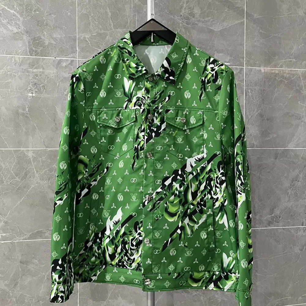 Mens Shirts Personality Pattern Full Print Trendy Green Lapel Pocket Button Design Jacket Casual Retro chic Tops New 2024 Summer