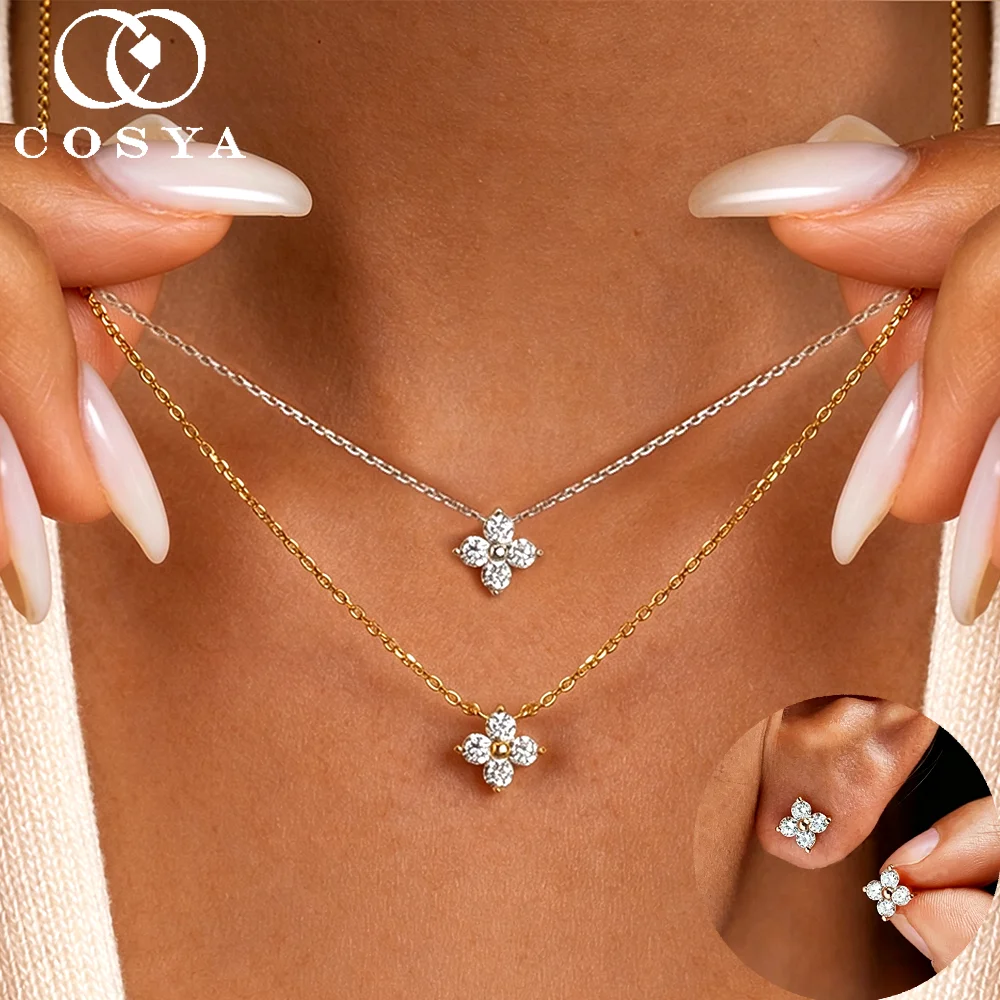 COSYA Full Moissanite Clover Leaf Pandent Necklace/Earrings For Women S925 Silver Plated 18K Gold Chain Dainty Fine Jewelry Gift