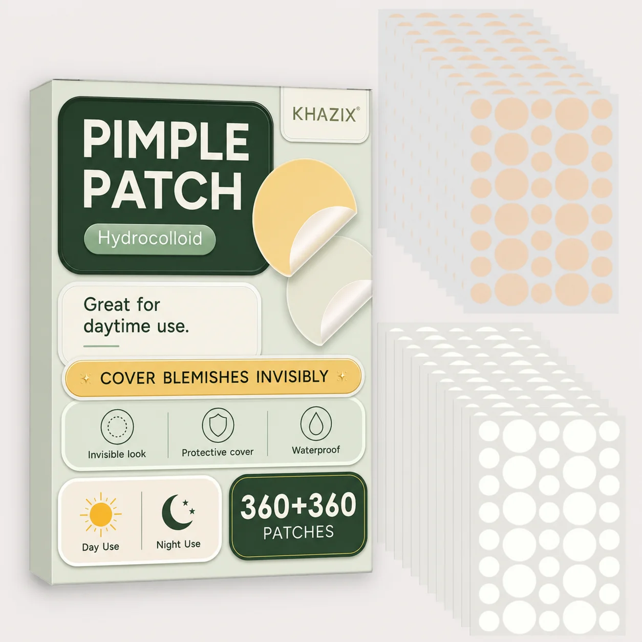 360+360pcsHydrocolloid Acne Pimple Patch, Hydrocolloid Spot Stickers, Covering Zits and Defect, Nighttime Spot Stickers for Face