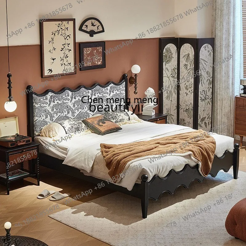 

X Retro, solid wood red oak bed, double master bedroom soft bag bed black