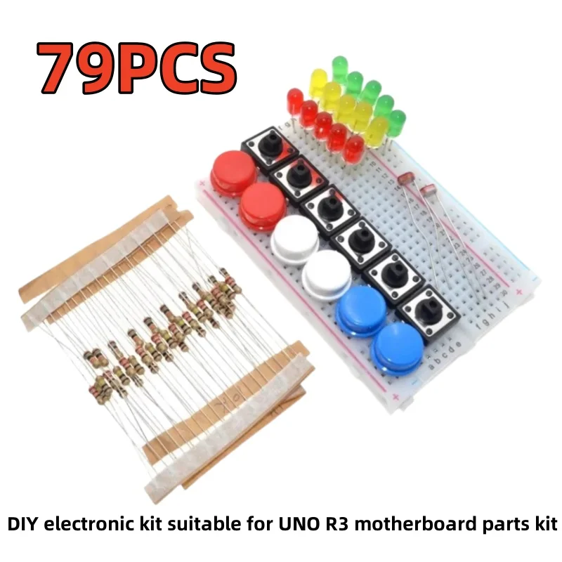 79PCS DIY electronic kit suitable for UNO R3 motherboard parts kit 400 hole breadboard button resistor LED light kit