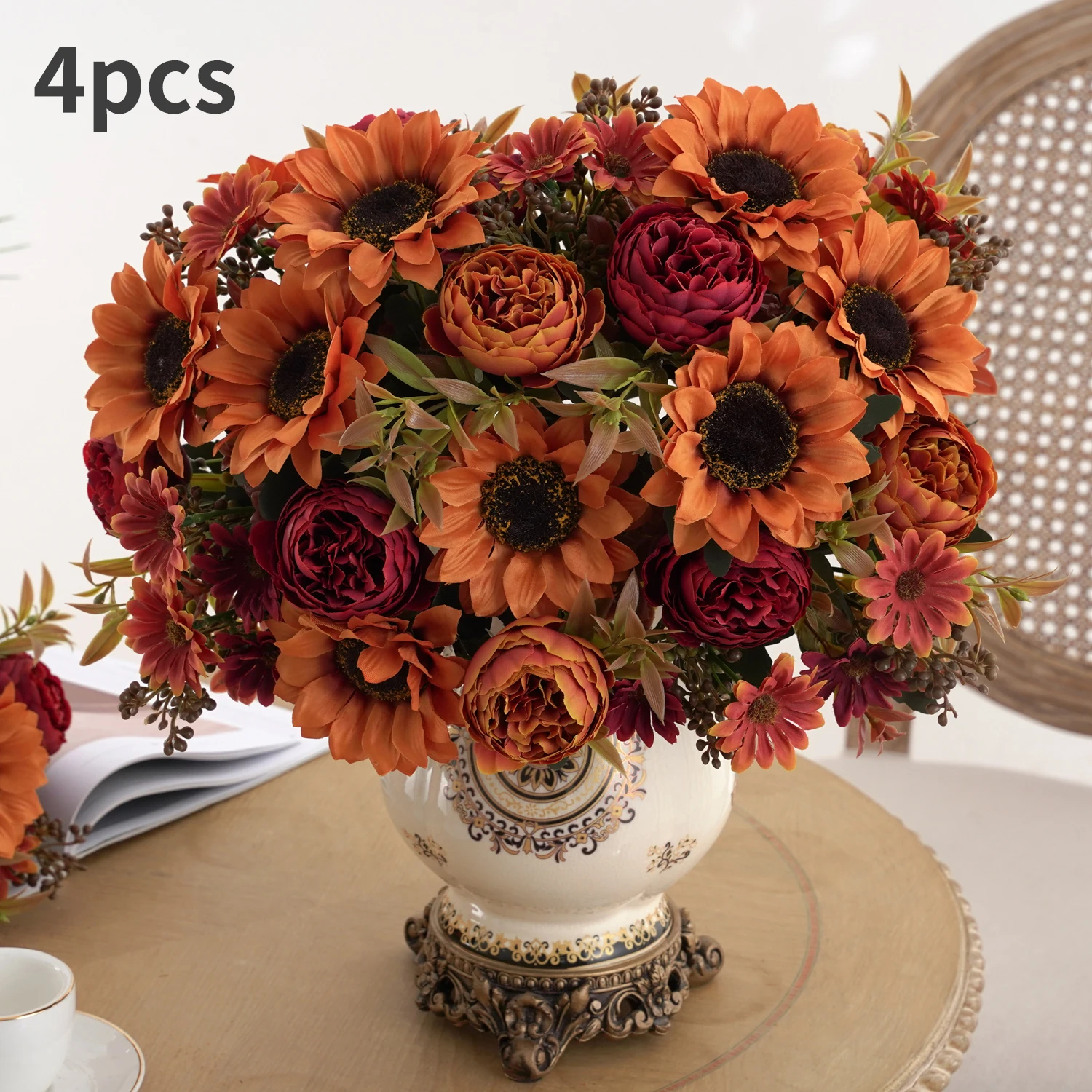 1/4pcs Artificial Peony Sunflower Flowers, Perfect for Room, Home, Office, Wedding, Christmas, Halloween,Thanksgiving,Vase Decor