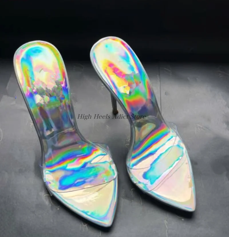 Women's Pvc clear mirror leather sexy slippers 2026 summer new in big size pink/sliver/black high heels stilettos luxury design