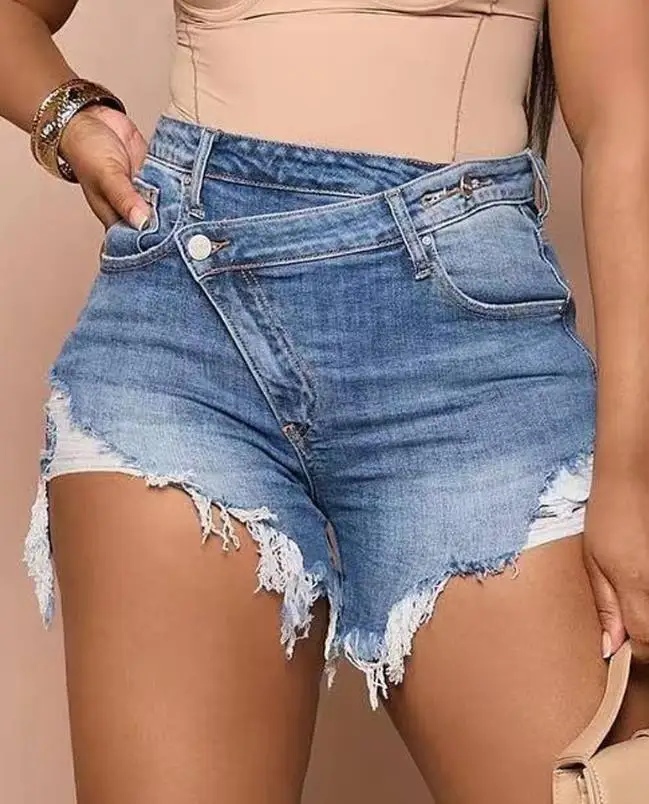 2024 Summer Short Pants Women Sexy High Waist Elegant Buttoned Ripped Pocket Design Denim Shorts Female Casual Bottom