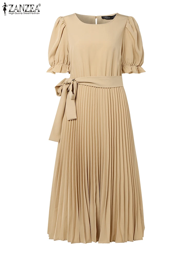 ZANZEN Elegant Womens Pleated Dresses Graceful Short Puff Sleeve O-Neck Tie-Waist A-line Midi Vestidos Commute Office Robe Femme