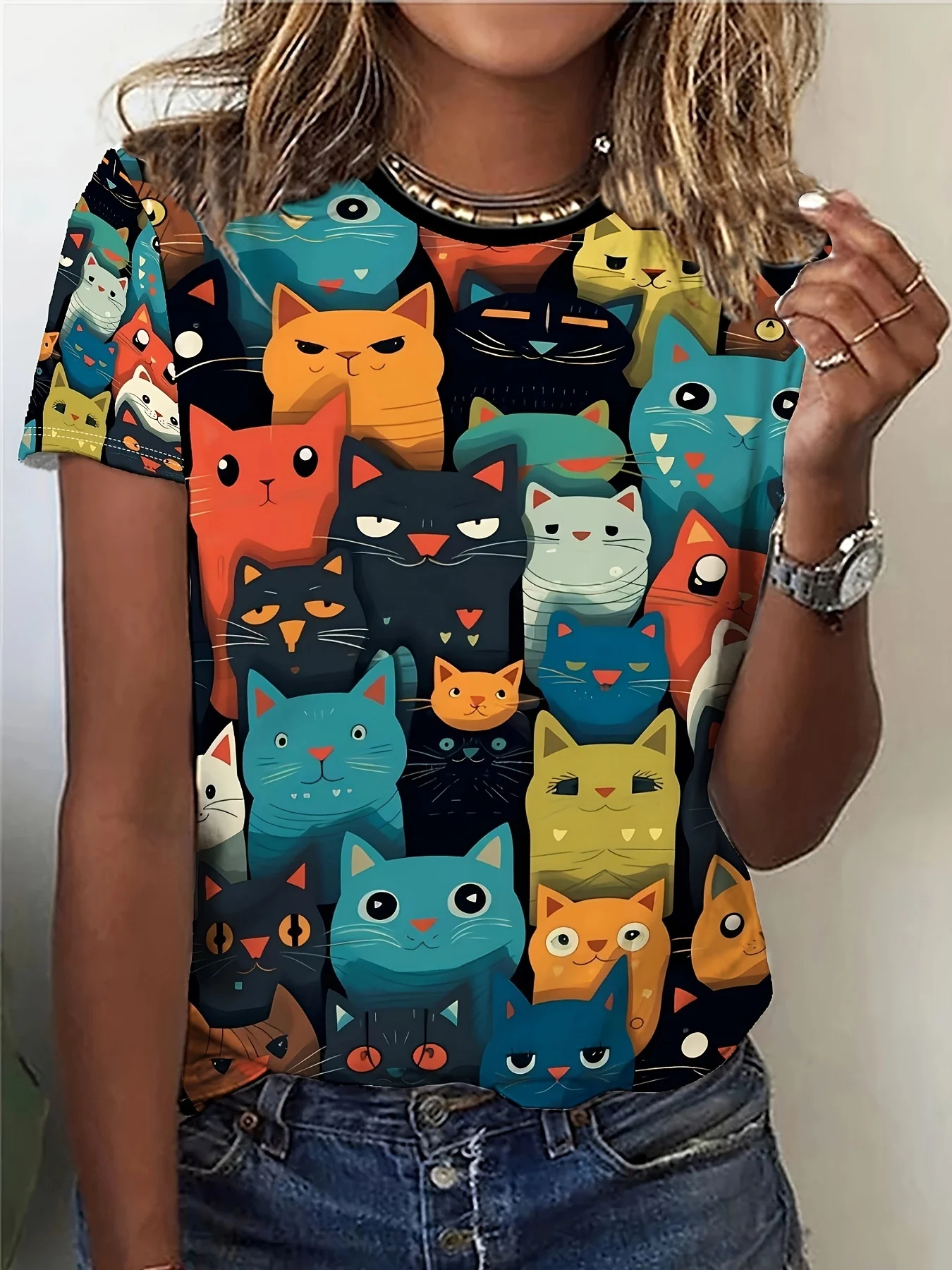 Cats Print Crew Neck T-Shirt, Cute Short Sleeve T-Shirt For Spring & Summer, Women's Clothing