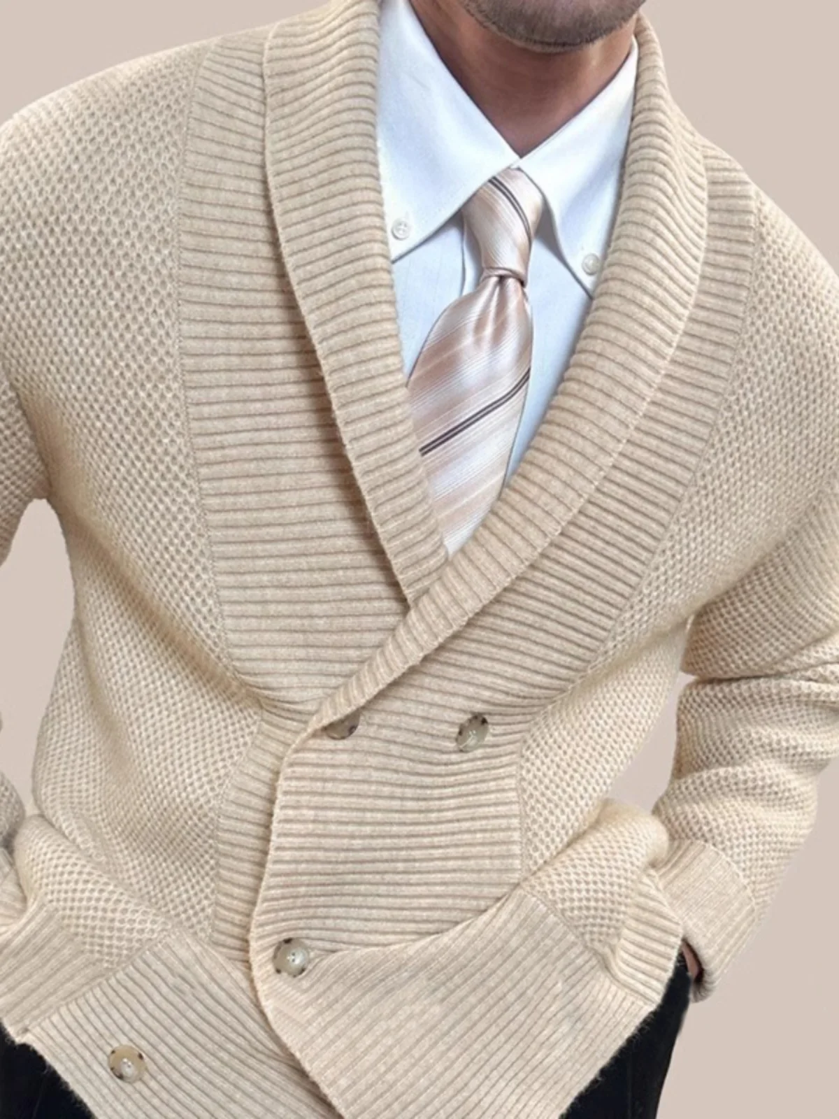 

V-Neck Knitted Jacket Men's Double-Row Button Warmth Autumn Winter New Style Open Cardigan Fashionable Urban Youth