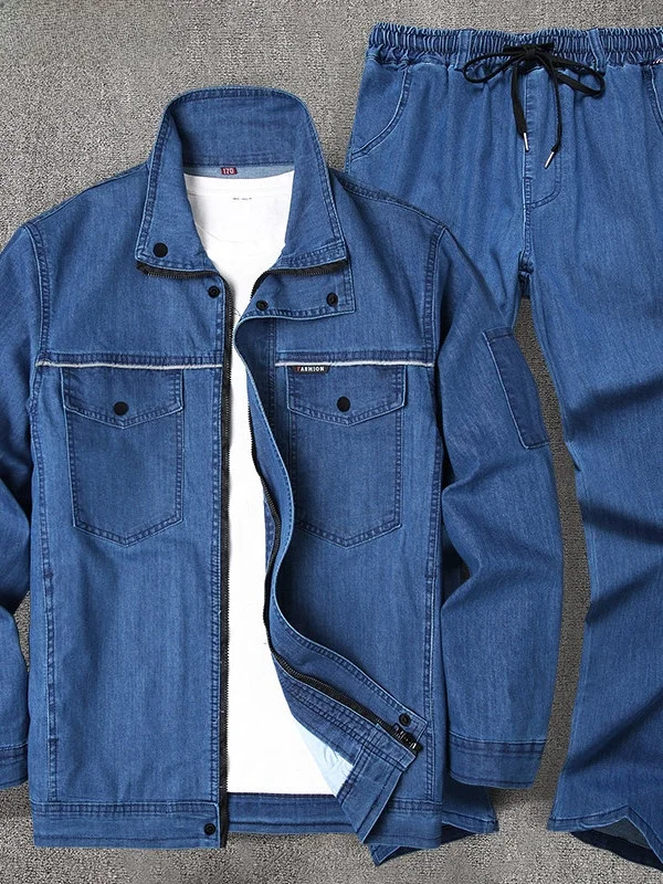 

Summer Thin Pure Cotton Denim Stand Collar Men's Comfortable Breathable Workwear Welding Elastic Repair Auto Repair Labor Pro...