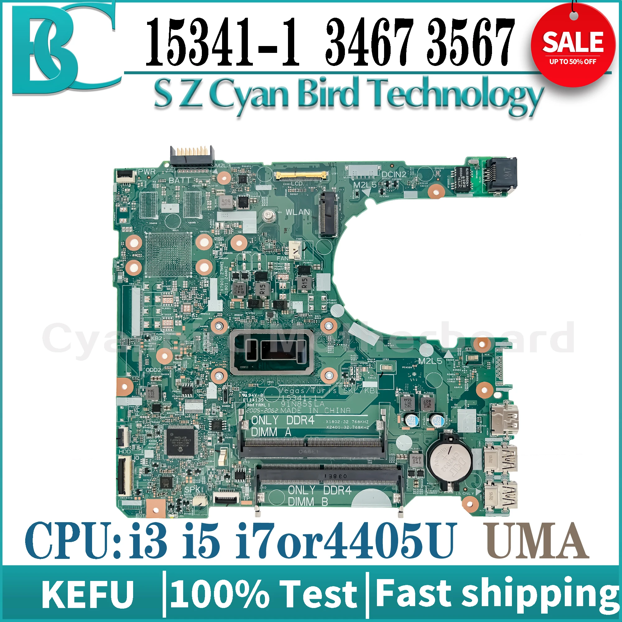 3467 3567 is Suitable for Dell CN-0GV5TG 0GV5TG GV5TG 15341-1 Notebook Motherboard SR2ZU I3 I5 I7or4405U CPU 100% Tested