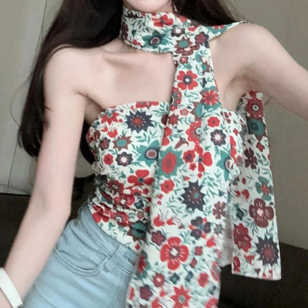 One shoulder Thai vacation style ribbon floral sexy strapless vest for women pure desire tea art sweet spicy girl short top