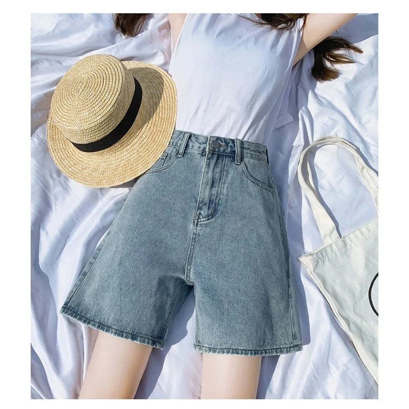 Damskie luźne jeansy Harajuku Street z krótkim dołem, letnia moda, nowe uniwersalne szorty z wysokim stanem do kolan, szerokie jeansy Y2K Retro