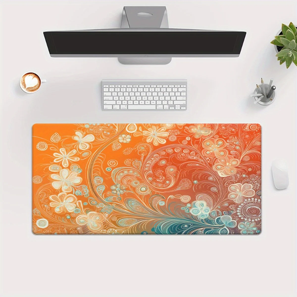Vibrant Orange Abstract Floral Pattern Extended Mouse Pad Non-Slip Rubber Base Desk Mat for Gaming Office