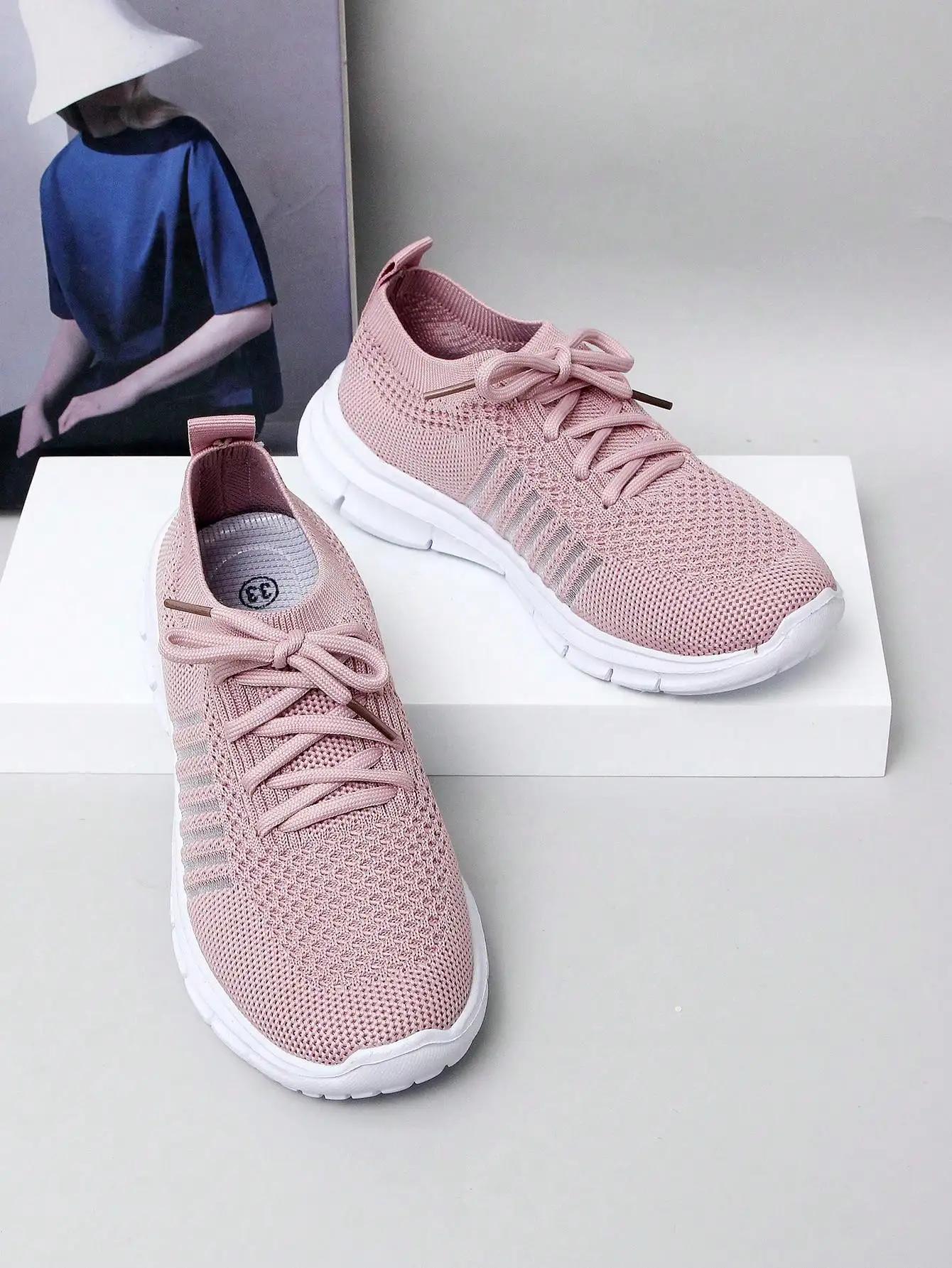1 Pair Girls Knitted Lace-Up Design Flat Breathable Slip-On Casual Sports Shoes, Suitable For Spring & Autumn Season.sk25050757579722627