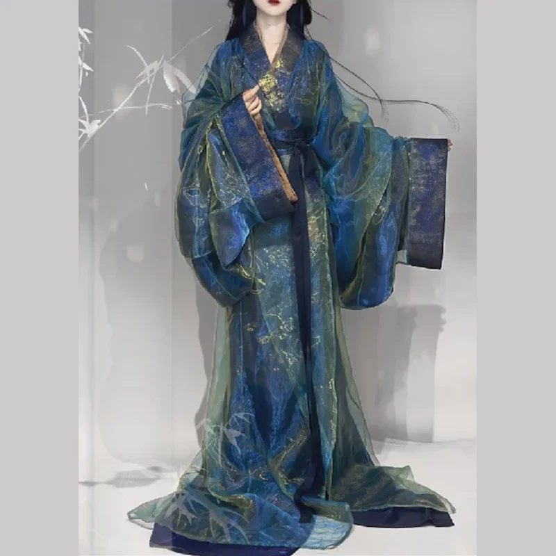 

Новинка 2025 года, халат со штатами, красивое женское платье Hanfu в сказочном стиле, с большими рукавами и шлейфом, прямое платье, древнее платье y14