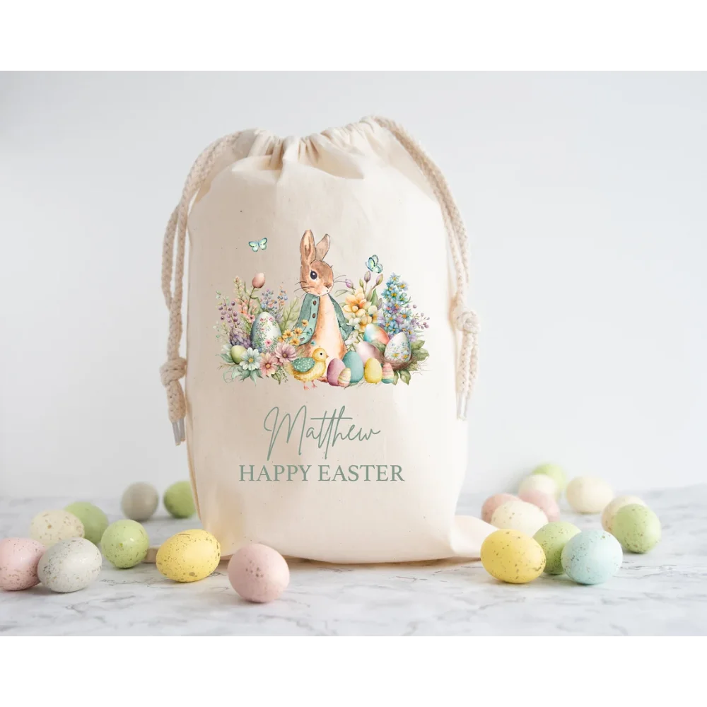 30x40cm Cotton Personalised Easter Rabbit Gift Bag Easter Treat Bag Snacks Easter Egg Hunt Trail Bag Basket Bucket Boy Girl