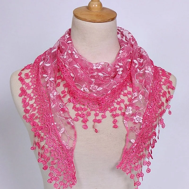 Sweet Pretty Elegant Hollow Tassel Lace Rose Floral Knit Triangle Mantilla Scarf Women Ladies Shawl Wrap Scarves