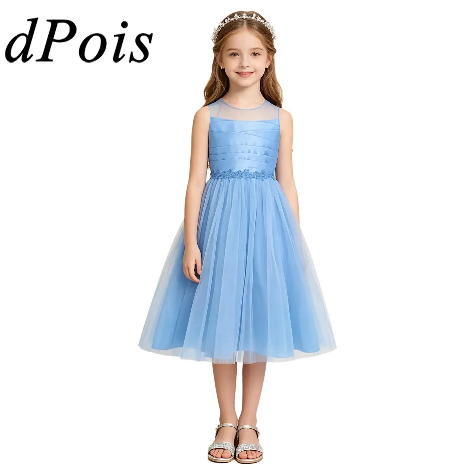

Kids Girls Elegant Party Gown Sleeveless Pleated Bodice Lace Dress Princess Dress for Lyrical Ballroom Modern Dance Clothes