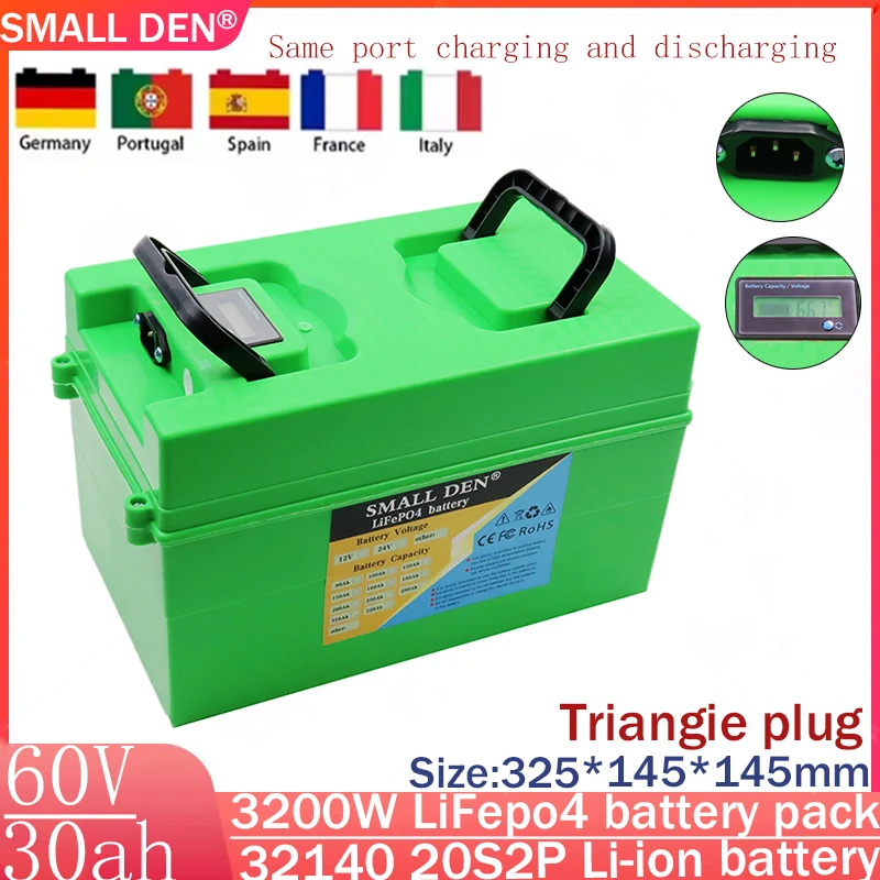 32140 new 60V 30Ah Lifepo4 rechargeable battery pack 20S2P, high-power built-in 50A BMS electric vehicle with display 1000-3200W