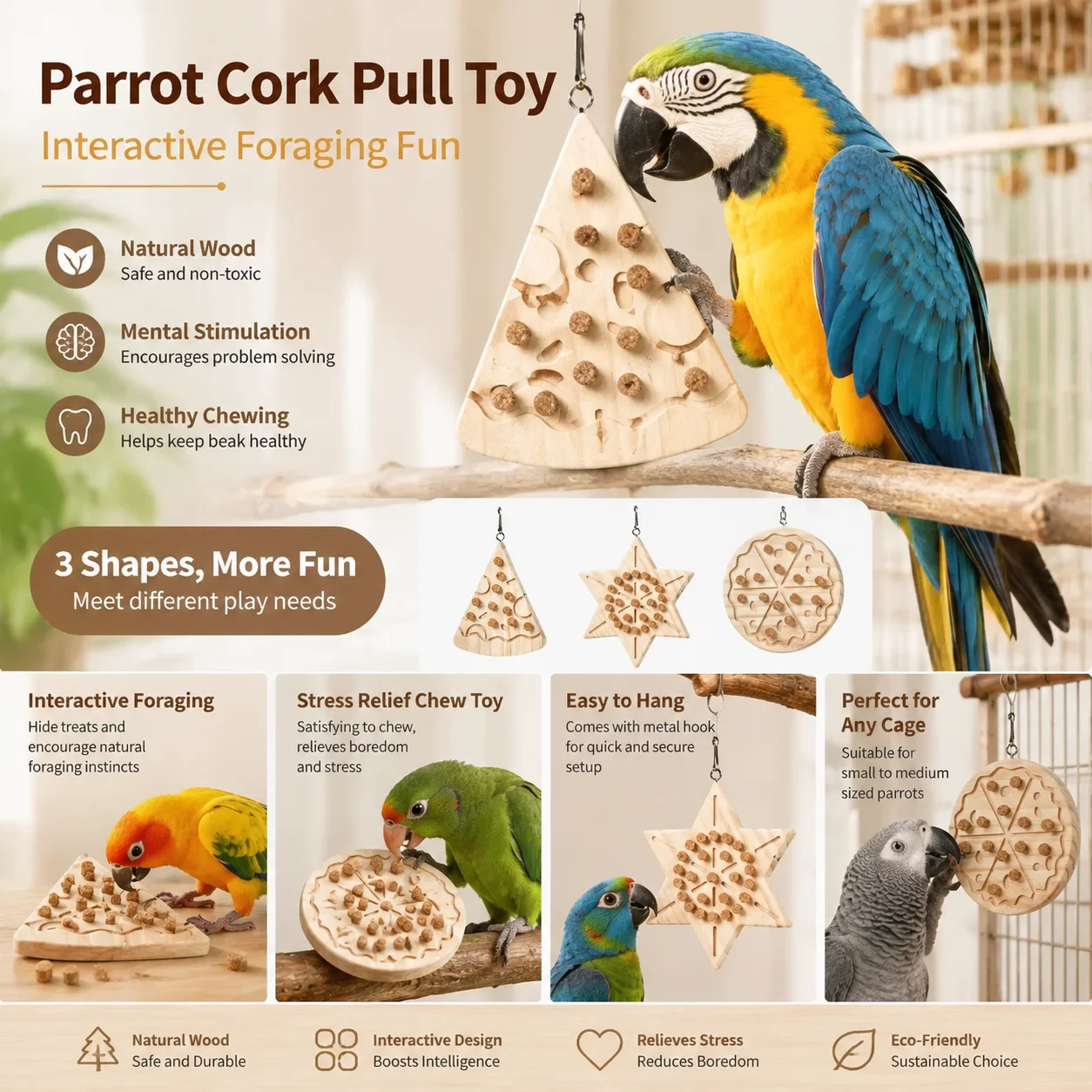 Parrot cork-pulling decompression toy comes with thirty cork stoppers and six kinds of toys.
