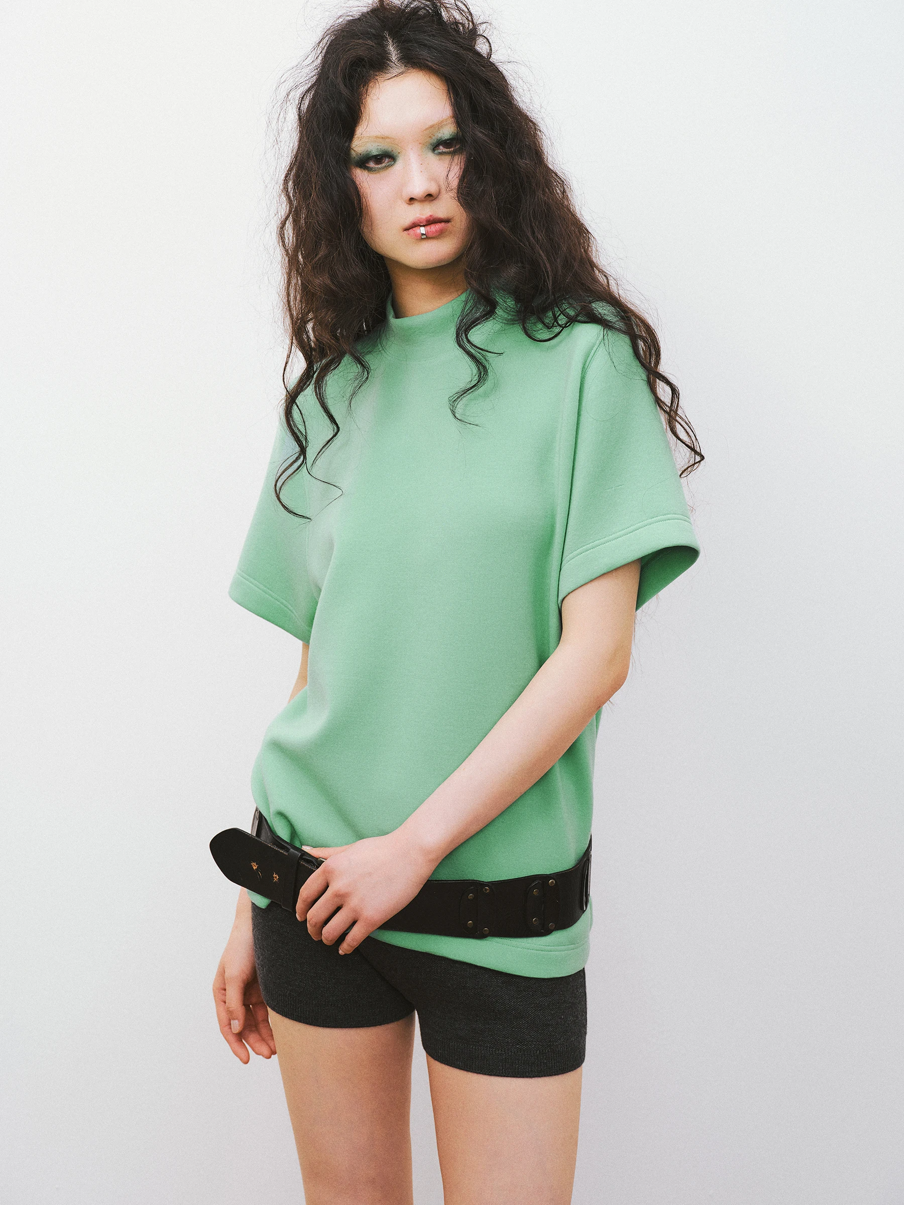 VERMO Stylish  Soft Texture Comfortable Skin-Friendly Air-Linen Half-High Collar Short-Sleeve T-Shirt Neutral Style S...