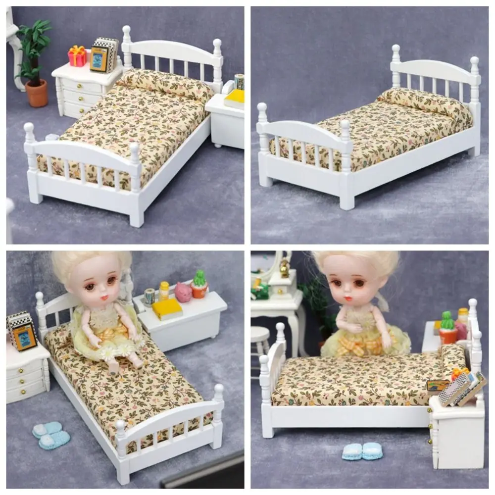 Casa de brincar móveis casa de bonecas cama cena decoração modelo sala estar ornamentos cama em miniatura simulação quarto cama solteiro crianças brinquedo