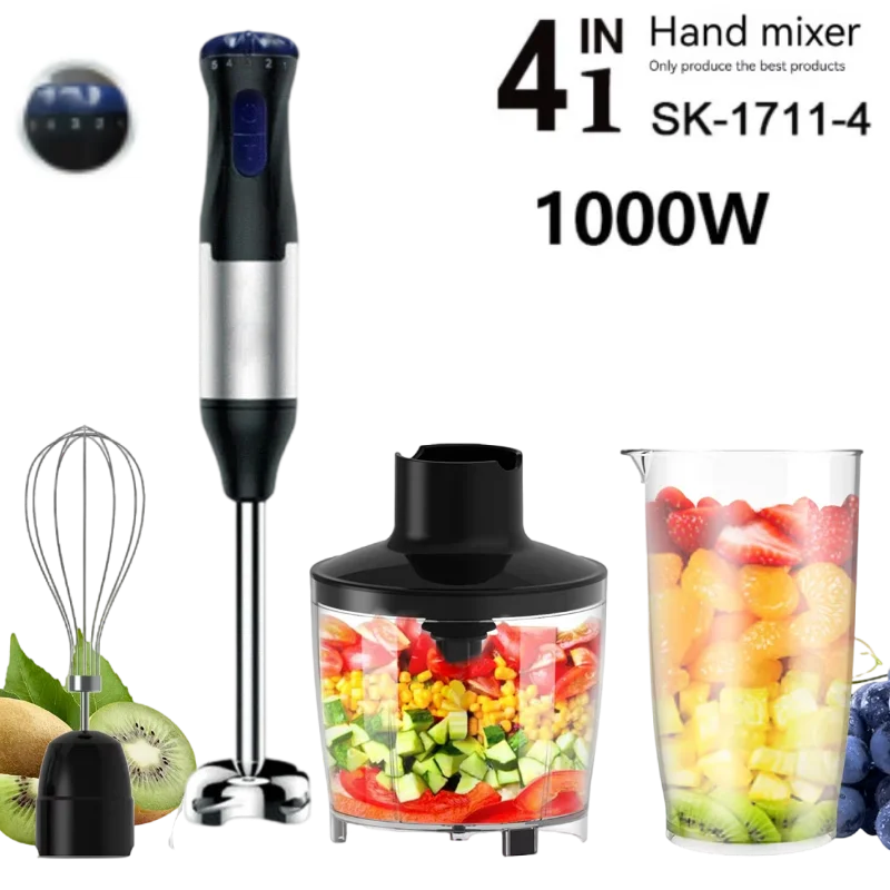 Hand Immersion Blender 1000W Powerful 4-in-1,Stainless Steel Stick Food Mixer,700ml Mixing Beaker,500ml Processor,Whisk