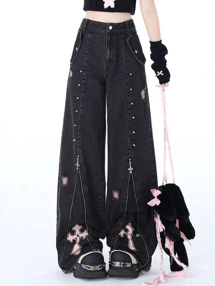 HOUZHOU Gothic Black Baggy Jeans Women Trashy Y2k 2000s Streetwear Punk Rivet Zipper Emo Jeans Vintage Harajuku Denim Trousers