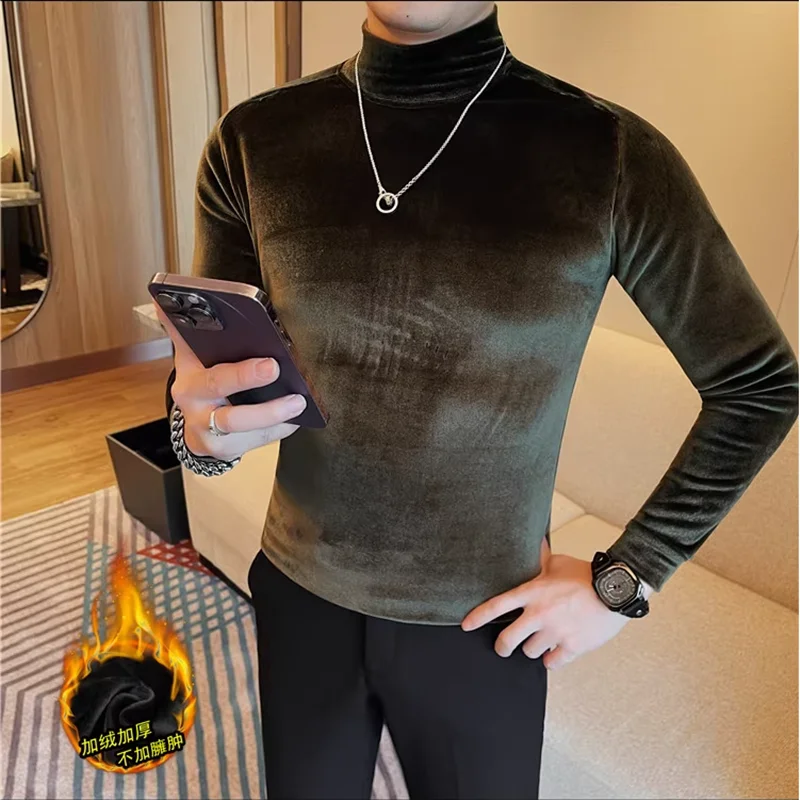 

Autumn Winter Men's Half High Collar Gold Velvet T-Shirts Thick Warm Casual Long Sleeved Slim Fit Versatiles Tee Shirt 4XL-M