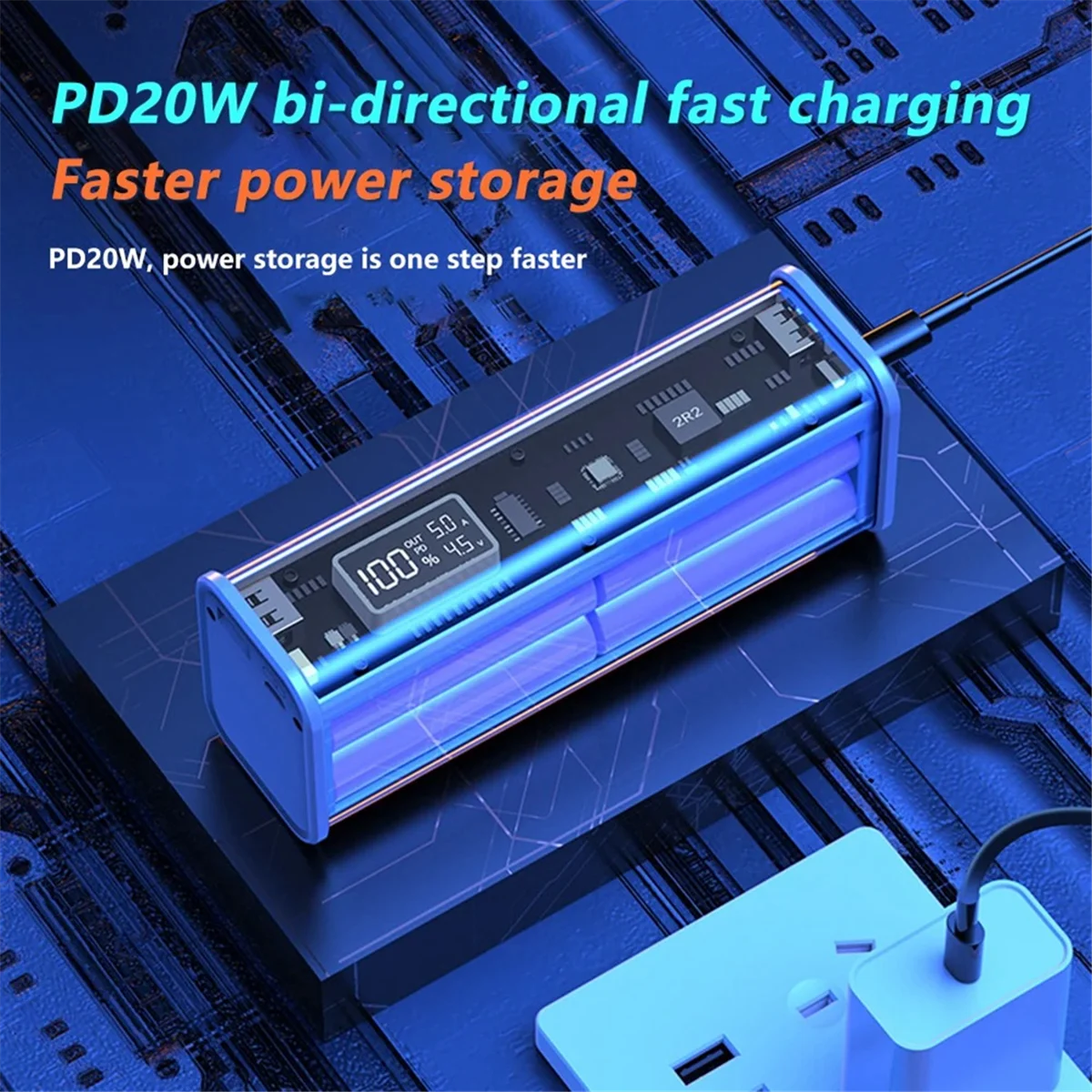 Rechargeable Battery Sets Main Board and Case PD Fast Charging Mobile Power Bulk Rechargeable 18650 Li Ion Battery,Blue