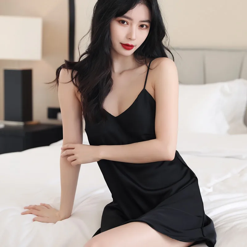 High Quality Summer Sexy Silk Slip Nightdress Pajamas Women's Thin Ice Silk Home Sleeveless Dress Women Solid Home Wear