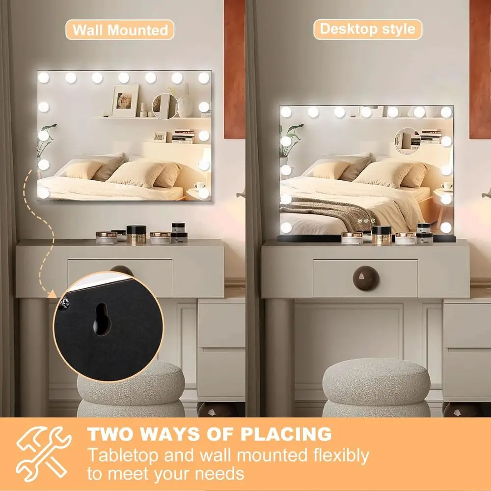 مرآة زينة مضيئة مع 15 لمبة LED، تكبير 10X، 3 أوضاع ألوان، إطار معدني، حامل على سطح الطاولة/الحائط، 23 × 18 #5