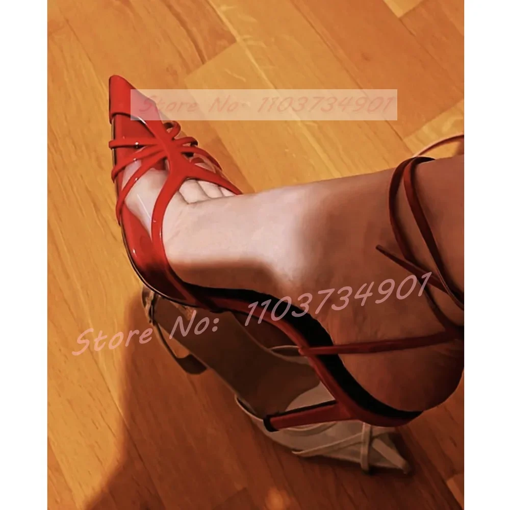 

Pointy Toe Caged Clear Sandals Women Sexy Ankle Strap Patent Leather Stiletto High Heels Shoes Ladies Trendy Casual Sandals
