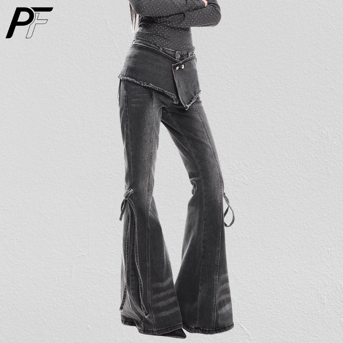 

Y2K Retro Asymmetrical Tie Detail Flared Jeans Vintage Washed Denim with Frayed Hem Trendy Casual Wide-Leg Trousers for Women