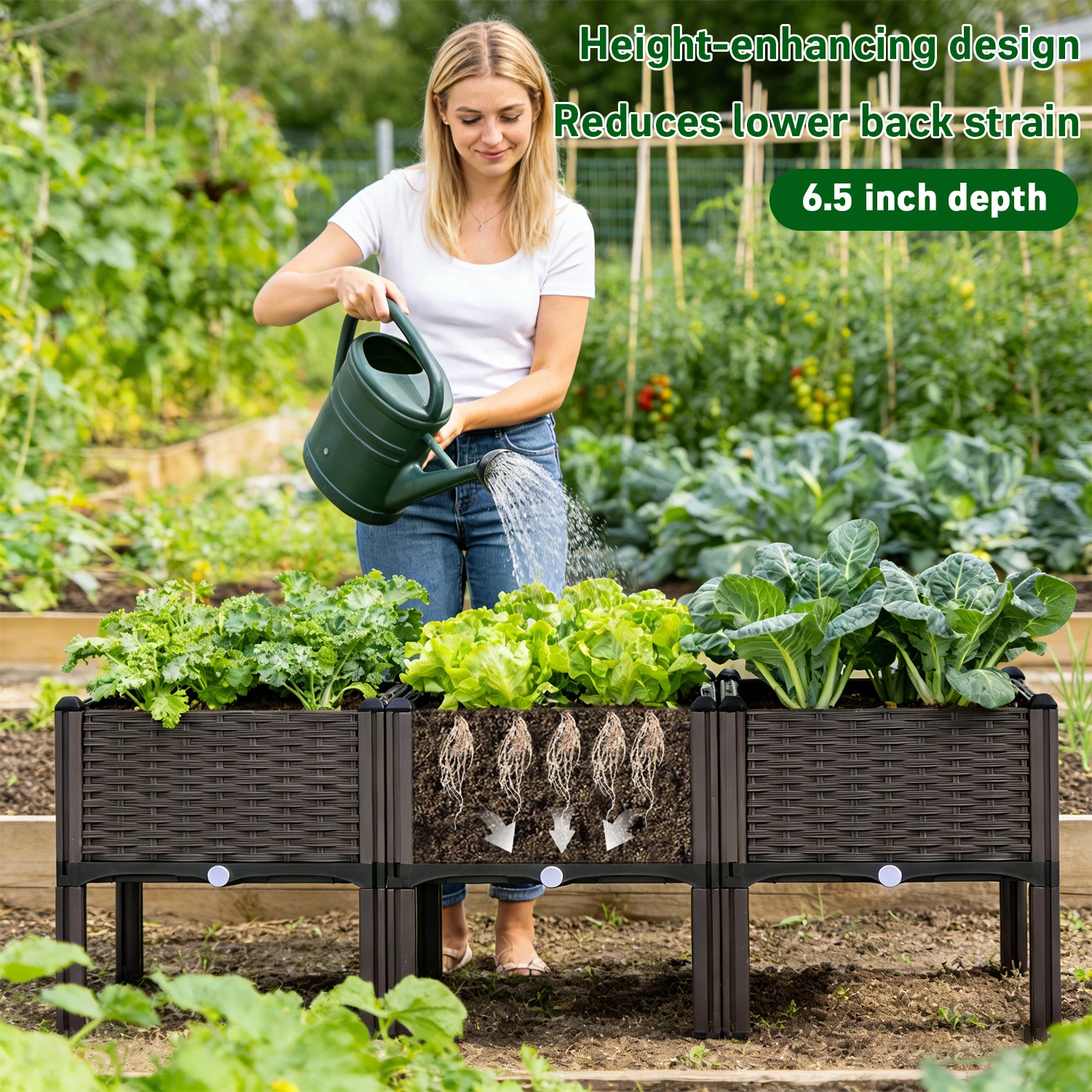 

Набор из 3-х приподнятых контейнеров для овощей и цветов на ножках с дренажным отверстием для использования в помещении/на улице/в саду/на балконе