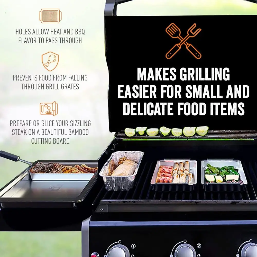 Conjunto de servir churrasco premium com 3 cestas, bandeja, placa de bambu, tampa e alça