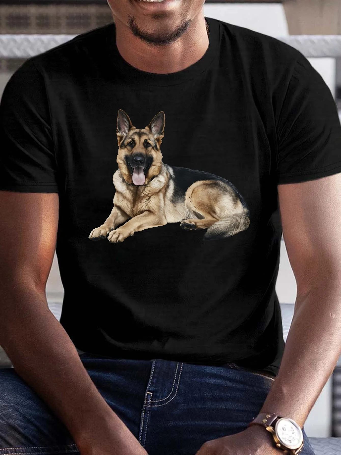 Realistic German Shepherd Illustration Print, Men's Crew Neck Short-Sleeve T-Shirt, Lightweight and Stylish, Suitable for Everyday Summer Wear, Outdoor Activities, and Vacation