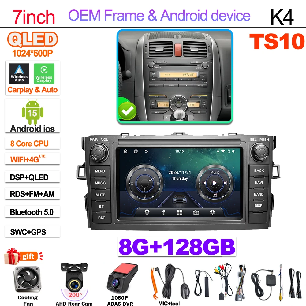 7 " For Toyota Auris Corolla 2006-2012 Wireless Carplay Android Auto Car Radio Multimedia Player Gps Autoradio Wifi Touch Screen image 3