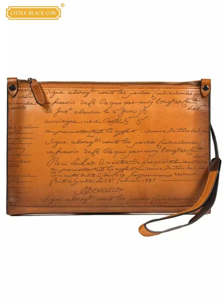 New Business Men Work Cowhide Genuine Leather Clutch Bag Banquet Envelope Handbag Zipper Card Holder Letter Printed Vintage Bags