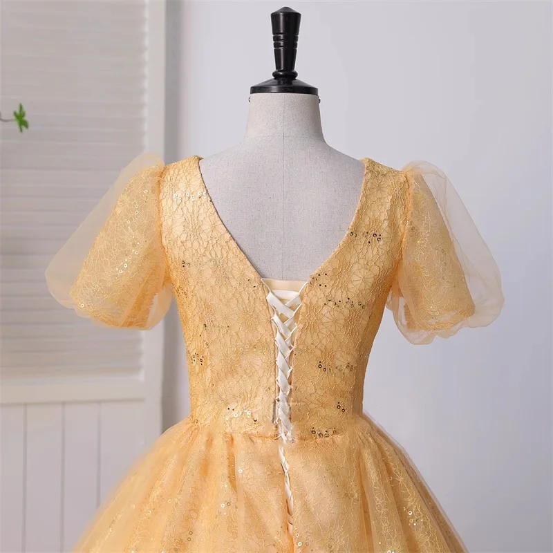 Feminino amarelo vestido de baile, gola V, apliques de lantejoulas, vestido de aniversário de princesa, manga curta, festa noturna, Abiti Sposa, 2024