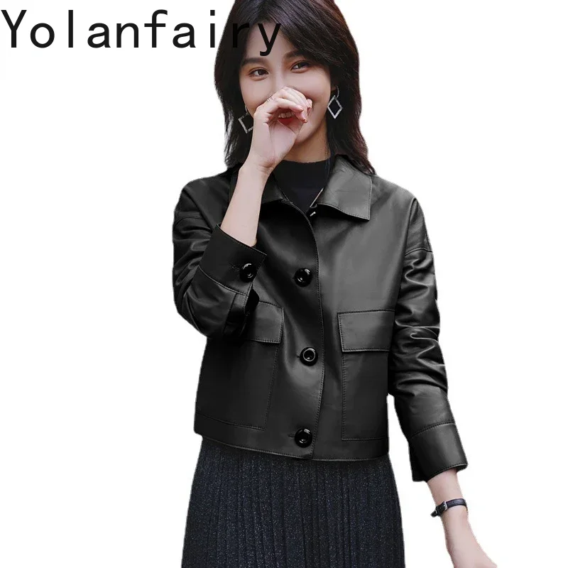 YOLANFAIRY 새로운 정품 가죽 코트 여성 양피 자켓 숙녀 단추 짧은 폴로 넥 슬림 캐주얼 천연 가죽 자켓