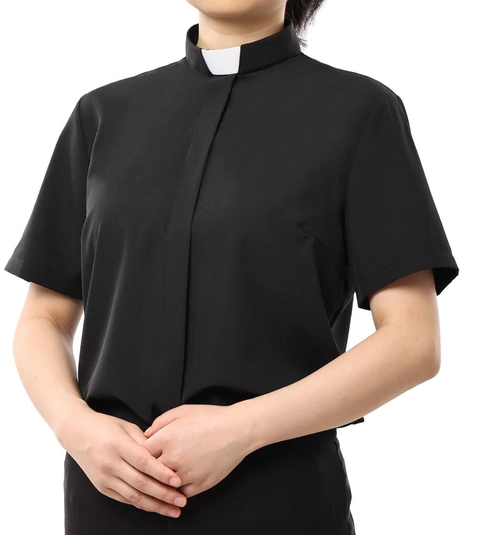 Bishop Catholic Priest Blouse for Women Black Clergy Church Shirts