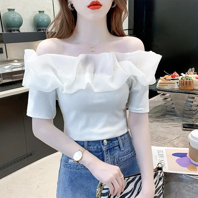 Women Slash Neck Shirt Korean Sexy Off Shoulder Patchwork Short Sleeve Female Blouse Fashion New Ruffles All Match Ladies Shirt