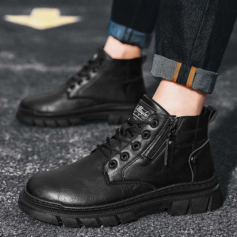 Men Retro Work Ankle Boots Autumn Winter Thick Bottom High Top Casual Boots Leather Boots Chelsea Desert Waterproof Boots Male