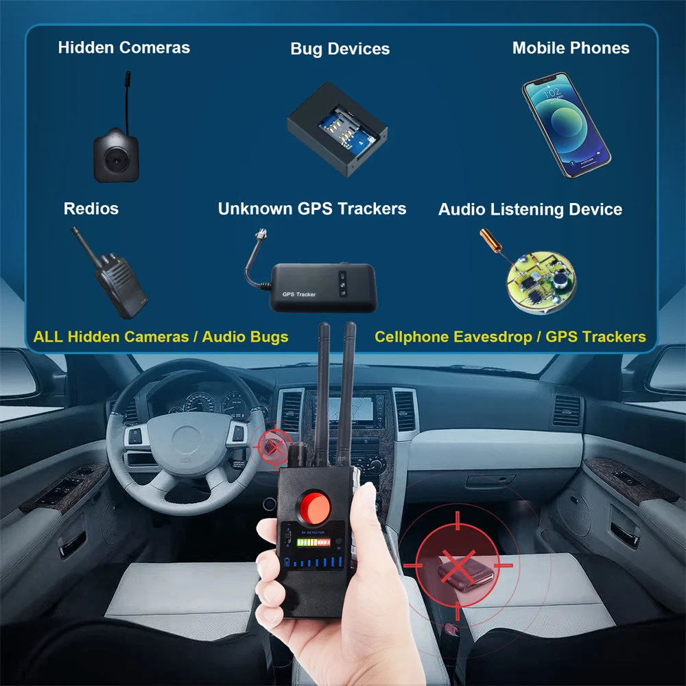 Detector de cámara oculta, auriculares Bluetooth, dispositivos GSM, buscador de insectos inalámbricos, cámaras espías, GPS, RF, detección de señal, dispositivos espía