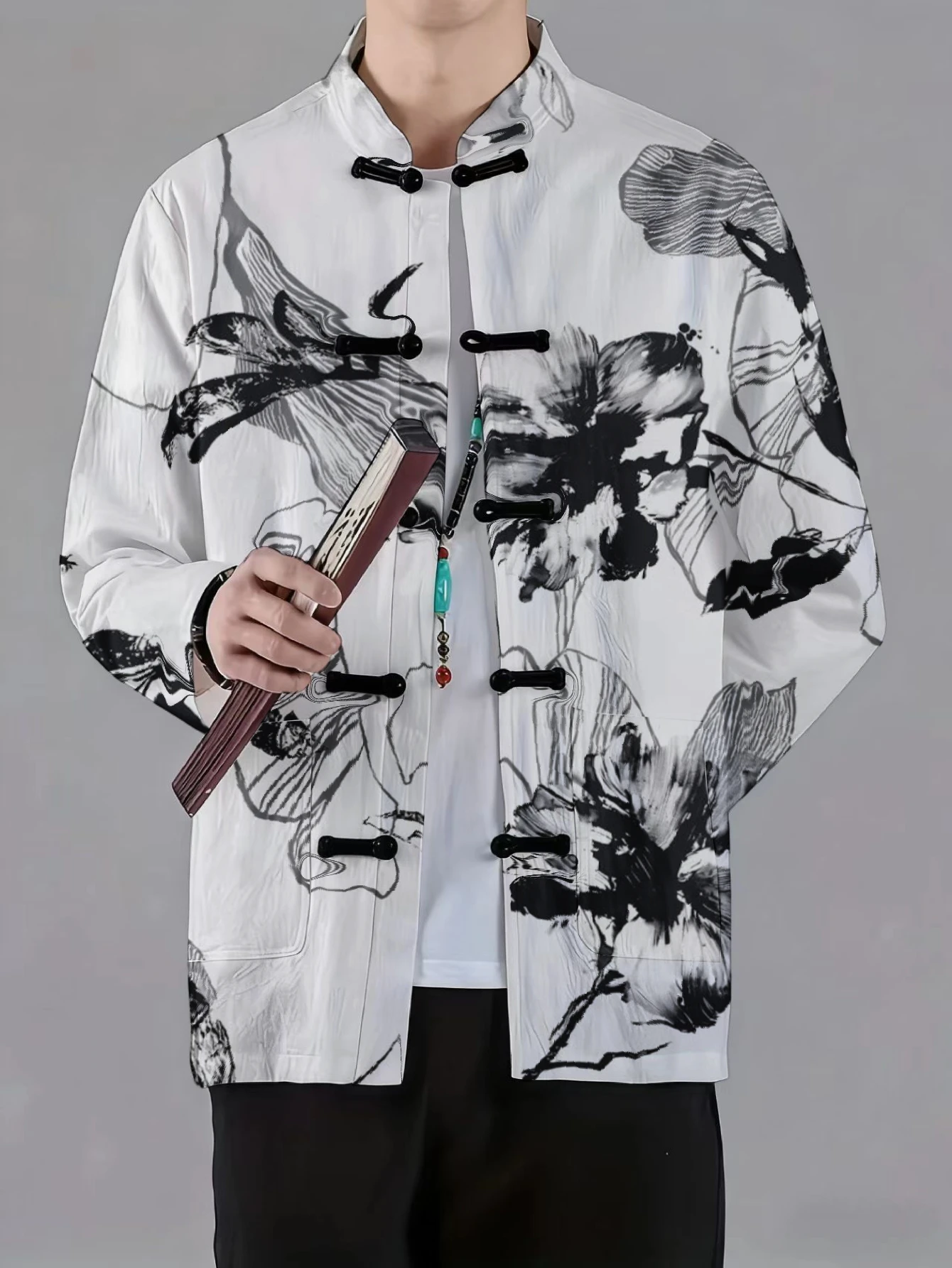 Men Men Mandarin Collar Frog Button Long Sleeve Jacket Chinese Ink Botanical Tie Dye Print Casual Outerwear With Side Pockets - Aliexpress Deal