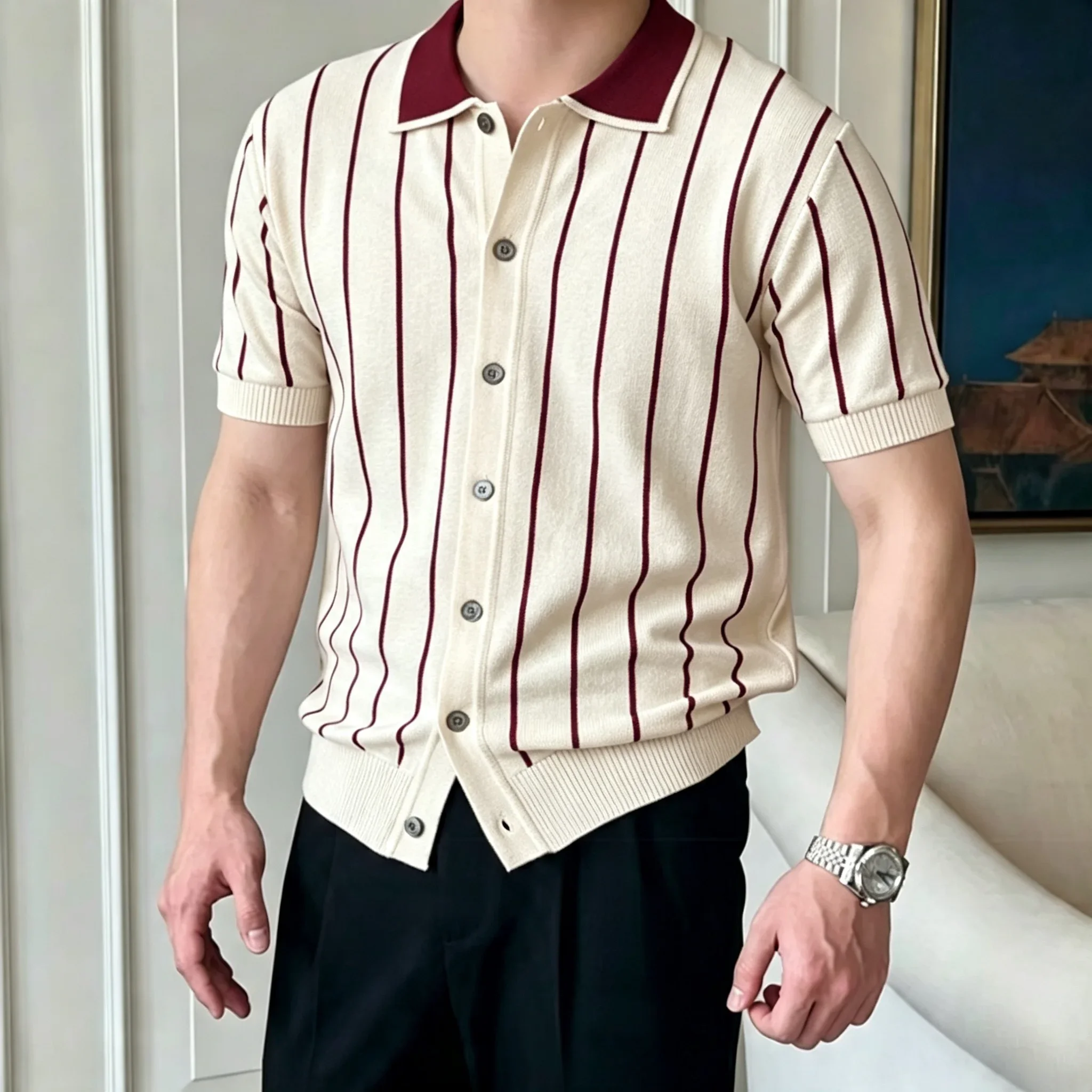 Men's Summer Two-Tone Striped Casual Knit Polo Shirt, Lapel Short Sleeve Cardigan Top, Stylish Business Knit Sweater
